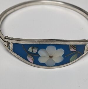 Vintage Alpaca Mexico Bangle Bracelet Enamel Mother Of Pearl 7"